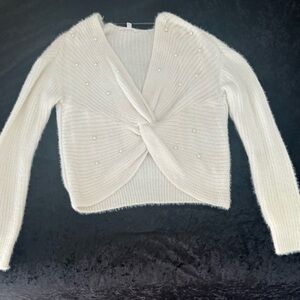No Boundaries White V-Neck Sweater with Pearl Details